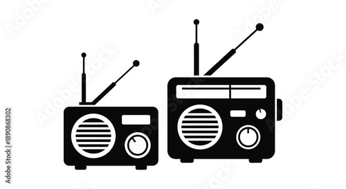 A minimalist black and white illustration depicts two vintage radios with extended antennas side by side high quality professional detailed modern elegant