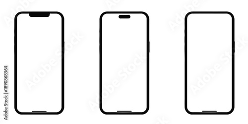 Three modern smartphone outlines with blank screens, representing mobile devices and technology, isolated on a white background for design mockups and app interfaces