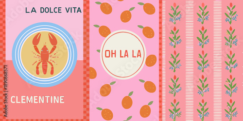 A vibrant collage featuring fruit crustaceans and playful typography on pink backgrounds