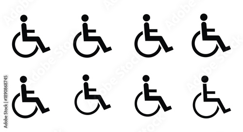 A collection of eight identical black silhouette icons depicting a person in a wheelchair symbolizing accessibility high quality