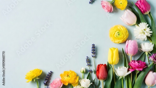 A vibrant assortment of spring flowers fills the bottom right of a light blue background.