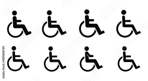 A collection of eight simple black and white icons depicting people in wheelchairs representing accessibility high quality professional