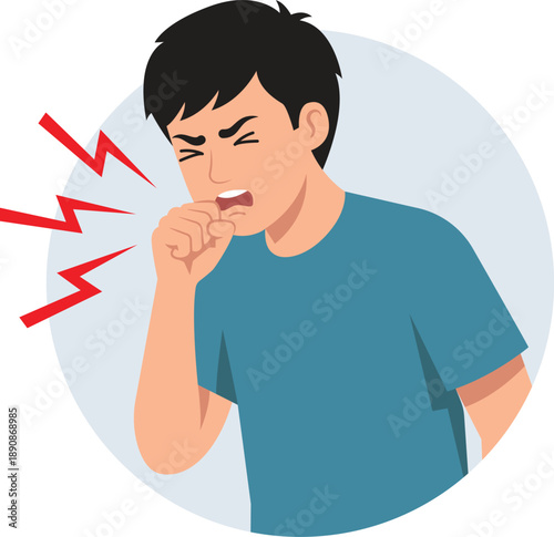 illustration of a young man coughing severely into his hand, representing flu symptoms or throat irritation.