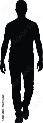 Full body black silhouette of a man walking forward on white background, male figure in casual clothes moving towards camera, isolated person vector illustration