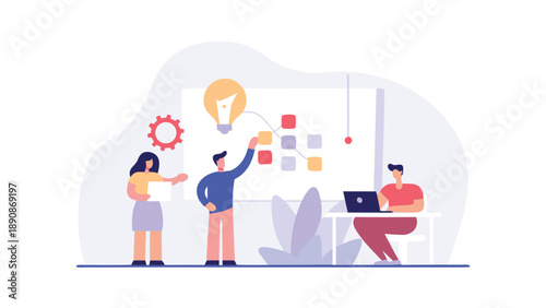 Flat illustration of diverse coworkers collaborating on project with lightbulb moment