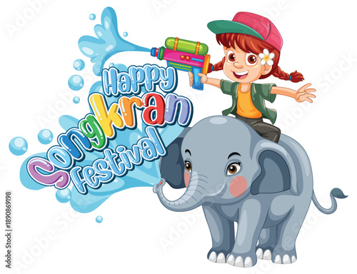 Happy Songkran Festival Illustration with Girl Riding Elephant and Water Gun