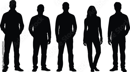 Group of diverse people silhouette in casual clothing standing together as creative team or startup employees for community and friendship concept on white background