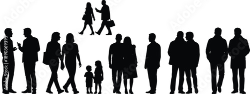 Large collection of black silhouettes featuring business professionals casual families romantic couples and people walking isolated on white background for diverse lifestyle and corporate projects
