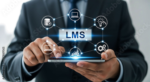 Businessman using smartphone for LMS learning management system platform