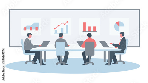 Executives collaborating on business strategies in a modern office setting with laptops and graphs