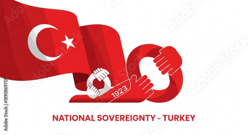 Turkish national sovereignty day illustration with flag and hands