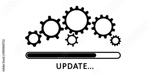 Updating process graphic featuring interlocking gears and a progress bar with 'UPDATE...' text, symbolizing system updates, software installation, maintenance, and mechanical processes on white