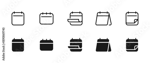 Varied calendar icons in outline and solid styles showing different page turns and states for representing dates appointments and scheduling functions in design