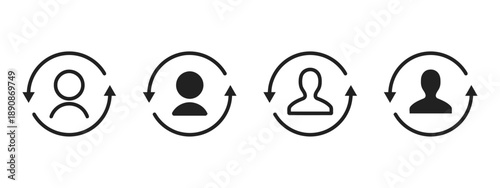 User profile refresh icons circular arrows with person symbol inside in outline and filled variations for account update and data synchronization concept repeated action vector graphics