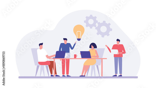 Flat illustration of diverse professionals brainstorming ideas together around a table with laptops and light bulb moment