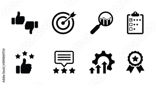 Vector icons illustrating customer feedback, targets, analysis, and achievement, including thumbs up/down, dartboard, magnifying glass with chart, checklist, stars, comment bubble, and award.