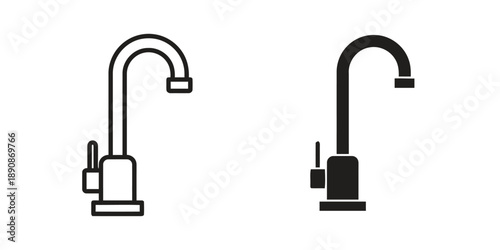 Water faucet linear and silhouette icons set showing modern curved tap with handle for bathroom or kitchen plumbing installations isolated on white background for home improvement design concepts