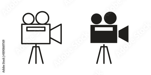 Vintage film camera outline and solid icon for photography, cinema, and media production, representing recording equipment for visual storytelling