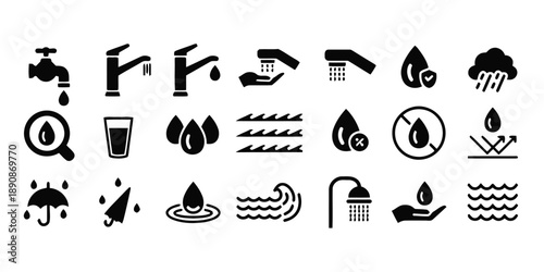 Water related icons set, including taps, drops, rain, umbrella, shower, waves, and waterproof symbols, black and white and color variations, clean design