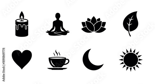 Wellness and self-care icons in black silhouette: lit candle, meditating person, lotus flower, leaf, heart, coffee cup, crescent moon, sun. Vector set on white background.