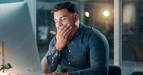 Принти на полотні Tired, computer and yawn with business man in office for night, fatigue and report deadline
