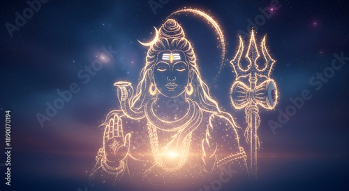 Glowing Lord Shiva outline art with trishul crescent moon and cosmic light representing devotion spirituality universe energy and Maha Shivratri celebration