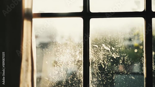 Wallpaper Mural Sunlight warms dusty old window glass and wooden frame, casting soft bokeh on blurred trees and buildings outside, evoking quiet domestic nostalgia and passing time Torontodigital.ca