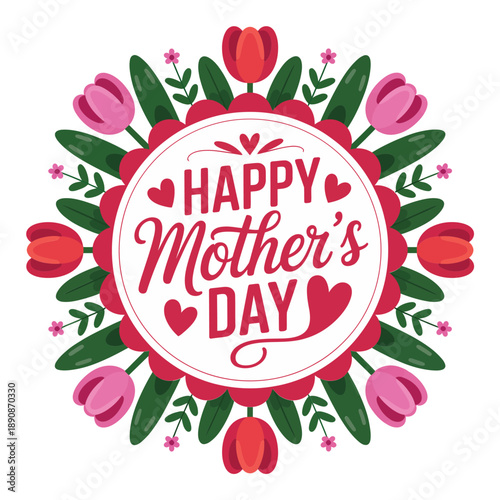 Happy Mothers Day script inside floral wreath, romantic spring bouquet badge for brunch menu, church service program, celebration poster