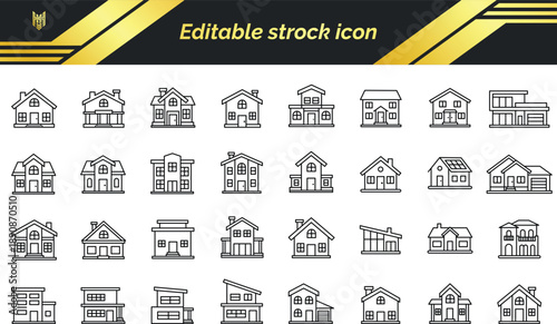 Editable stroke outline house icon set, Outline house and building icon pack