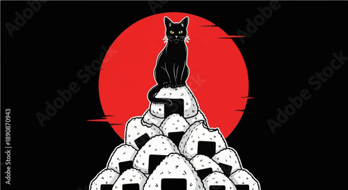 Black Cat Sitting on a Mountain of Onigiri Rice Balls with Large Red Sun - Japanese Inspired Graphic Illustration
