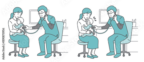 スクラブを着用した男性医師による赤ちゃんの背中の聴診イラストセット（笑顔・泣き顔）