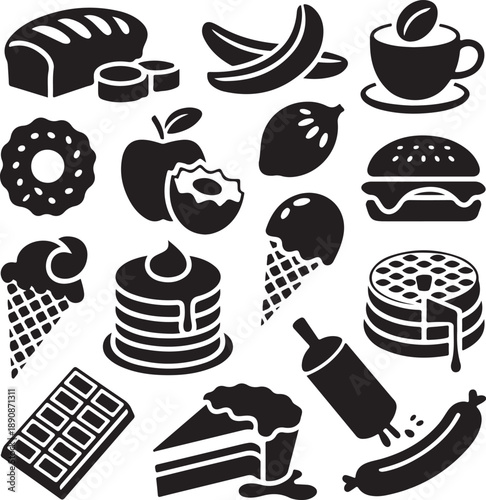 Black and white food icons including cakes and fruits on white background