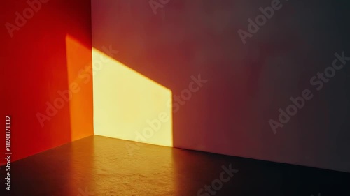 Empty room corner illuminated by sunlight casting strong geometric window shadows on vibrant red and pink walls, creating a contrasting and abstract background