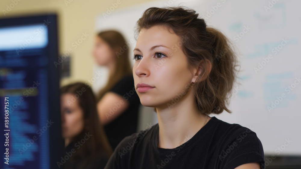 Obraz premium Woman programmer female developer software engineer coding computer screen office startup focused project manager team female