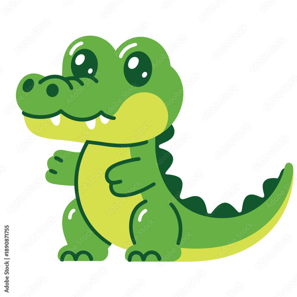 Fototapeta premium Baby alligator cartoon, swamp adventure camp logo, river safari tour sign, school field trip session, nature discovery vector poster