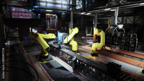 Photos closeup robotic arms over conveyor assembly, yellow manipulators handling compon
