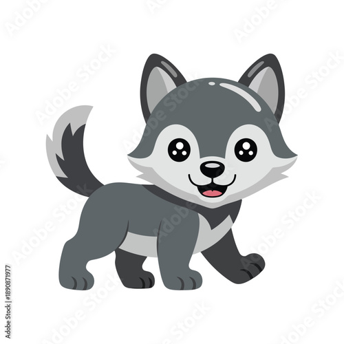 Cute wolf pup cartoon vector mascot for kids nursery decor, forest animal clipart, baby shower invitation, winter wildlife theme design