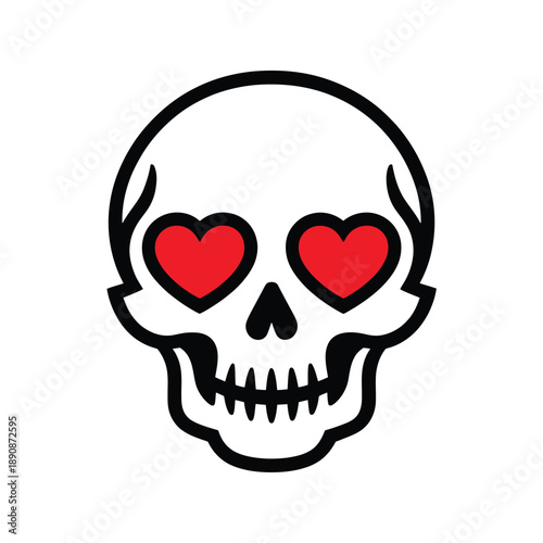 Skull with heart eyes badge, halloween love night poster, dark valentines event branding, costume contest session graphic, merchandise sticker