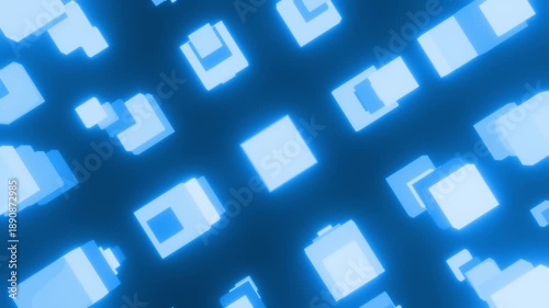 ポコポコと拡大縮小する沢山の青色のボックスを回転しながら撮影した動画素材。ゲームや映像作品の演出に適した2DFXの4Kアニメーション背景