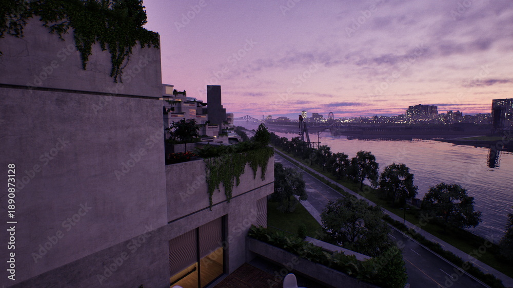 Fototapeta premium Twilight river terrace under purple sky, stepped modular facade covered in vines, quiet waterfront promenade with distant skyline silhouettes, moody ambient