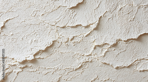 A textured, off-white plaster wall with an irregular, layered design and rough surface