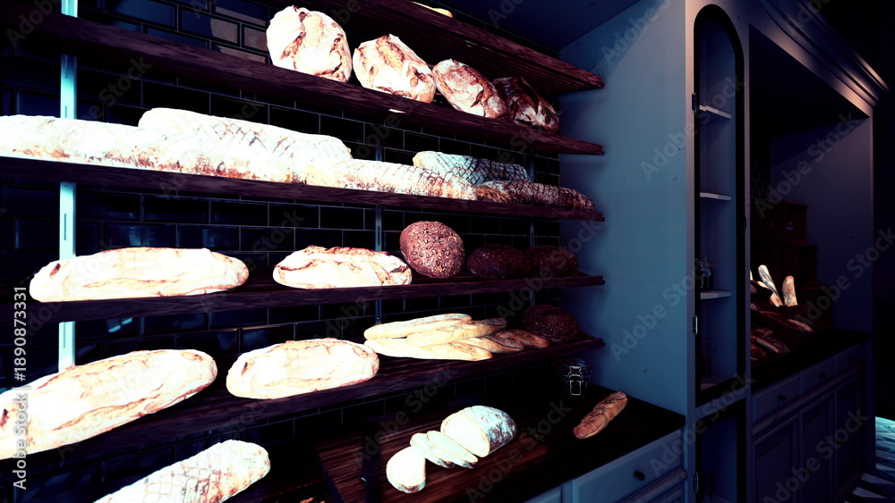 Fototapeta premium Rustic bakery shelves filled with loaves, moody evening light highlighting crusty sourdough and baguettes on wooden racks, cozy indoor atmosphere, warm golden