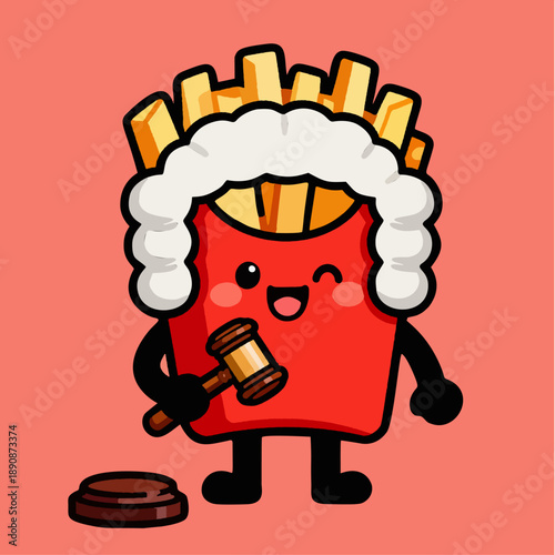 Cute French Fries Judge Character with Gavel and Wig