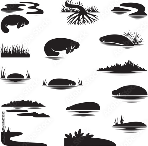 black silhouettes of manatees and aquatic plants on white background