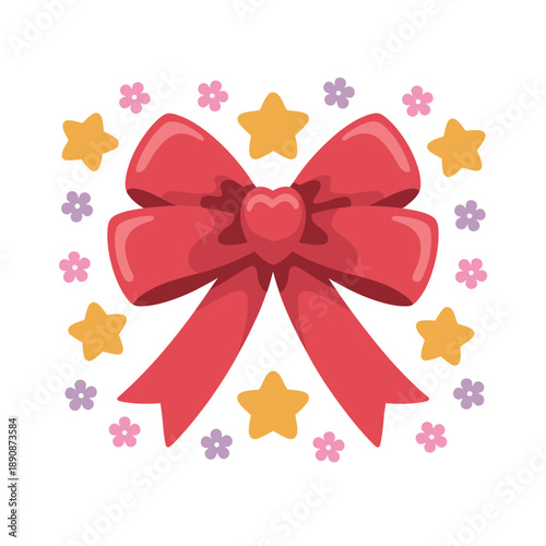 Red bow with heart gem and stars, Valentines gift ribbon, romantic present label, holiday packaging sticker, wedding favor tag vector