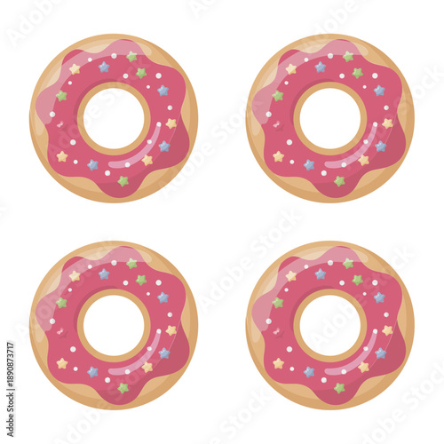 Pink donut pattern set, sugary doughnut circles, bakery festival background, sweet shop advertisement, valentines dessert party invite, confection promotion