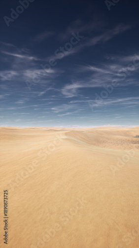 Foto Vast sunlit sandplain under dramatic sky, low rolling ripples in sand leading to