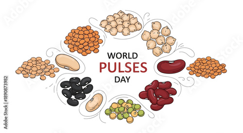 Illustration of various legumes arranged around 'World Pulses Day' text on a white background, highlighting healthy food and nutrition.