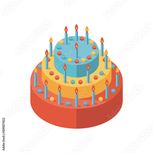 Birthday cake with candles, blue tiered icing, celebration dessert clipart for birthday party invitation, bakery poster, cake shop label