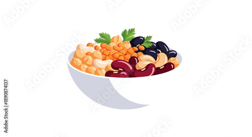 Vector illustration of a bowl filled with various healthy legumes and beans, celebrating World Pulses Day with a colorful and nutritious composition.